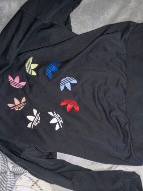 adidas Black Hoodie with Multicolor Trefoil Accents
